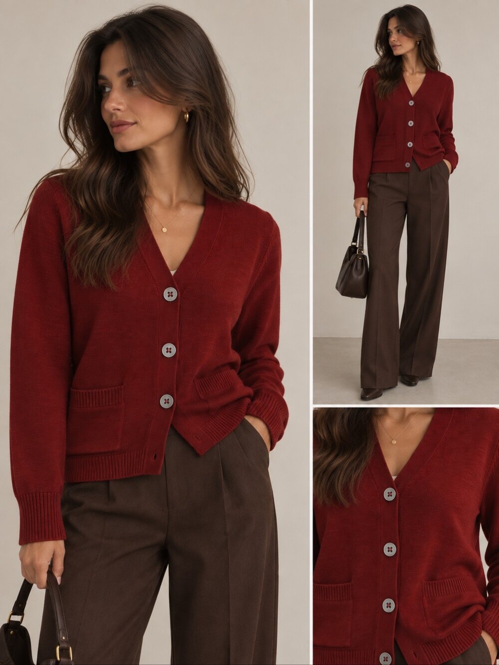 Deep Red Knit Cardigan V-neck Fall Soft Basics Layering - Size Medium